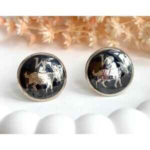 Siam Sterling Taurus Figural Nielloware Enamel Vintage Black Round Cufflinks
